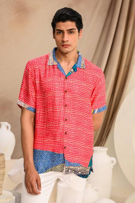 Buy_Juhi Bengani_Pink Silk Satin Printed Abstract Shirt _Online_at_Aza_Fashions