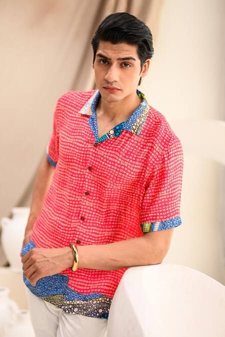 Shop_Juhi Bengani_Pink Silk Satin Printed Abstract Shirt _Online_at_Aza_Fashions