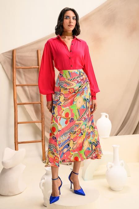 Juhi Bengani_Pink Shirt Crepe Printed Abstract Collared Button Down And Frenzy Skirt Set _Online_at_Aza_Fashions