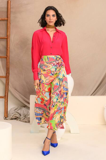 Buy_Juhi Bengani_Pink Shirt Crepe Printed Abstract Collared Button Down And Frenzy Skirt Set _Online_at_Aza_Fashions