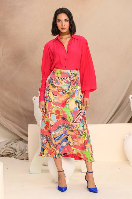 Shop_Juhi Bengani_Pink Shirt Crepe Printed Abstract Collared Button Down And Frenzy Skirt Set _Online_at_Aza_Fashions