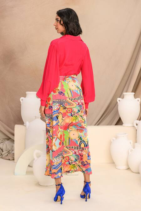 Shop_Juhi Bengani_Multi Color Silk Satin Printed Abstract Midi Skirt _at_Aza_Fashions