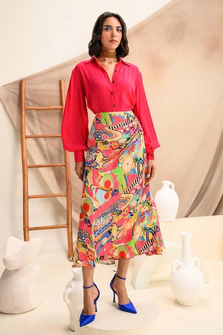 Juhi Bengani_Multi Color Silk Satin Printed Abstract Midi Skirt _Online_at_Aza_Fashions