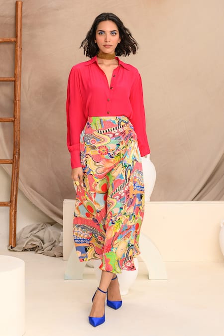 Buy_Juhi Bengani_Multi Color Silk Satin Printed Abstract Midi Skirt _Online_at_Aza_Fashions