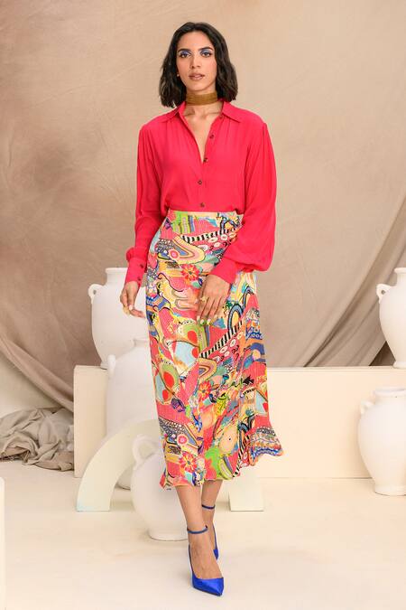 Shop_Juhi Bengani_Multi Color Silk Satin Printed Abstract Midi Skirt _Online_at_Aza_Fashions