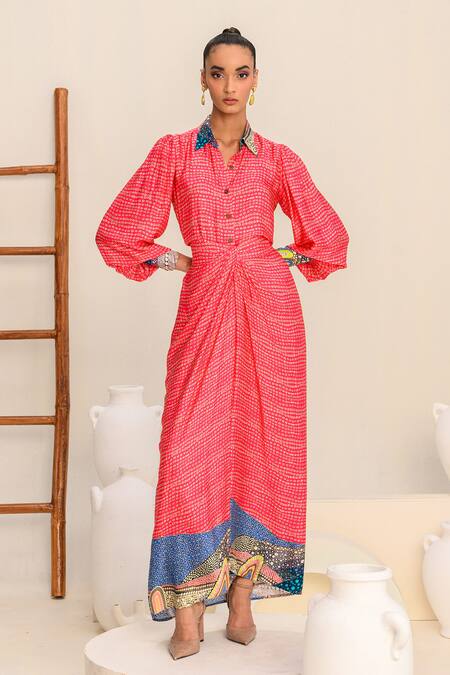 Juhi Bengani_Pink Silk Satin Printed Abstract Collared Shirt And Skirt Set_Online_at_Aza_Fashions
