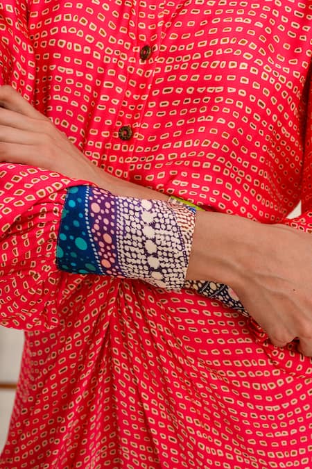 Juhi Bengani_Pink Silk Satin Printed Abstract Collared Shirt And Skirt Set_at_Aza_Fashions