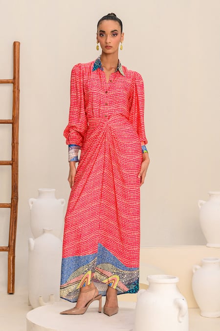 Buy_Juhi Bengani_Pink Silk Satin Printed Abstract Collared Shirt And Skirt Set