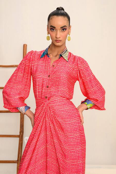 Shop_Juhi Bengani_Pink Silk Satin Printed Abstract Collared Shirt And Skirt Set