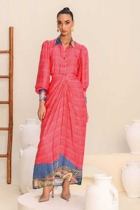 Juhi Bengani_Pink Silk Satin Printed Abstract Collared Shirt_Online_at_Aza_Fashions