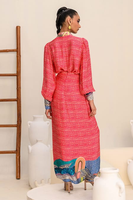 Shop_Juhi Bengani_Pink Silk Satin Printed Abstract Draped Skirt _at_Aza_Fashions