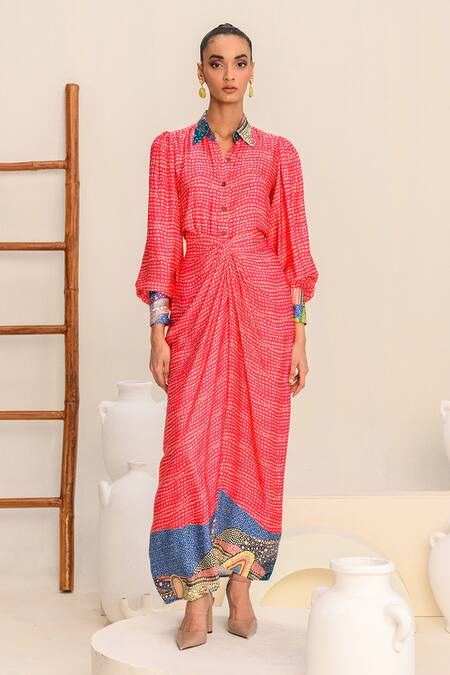 Juhi Bengani_Pink Silk Satin Printed Abstract Draped Skirt _Online_at_Aza_Fashions