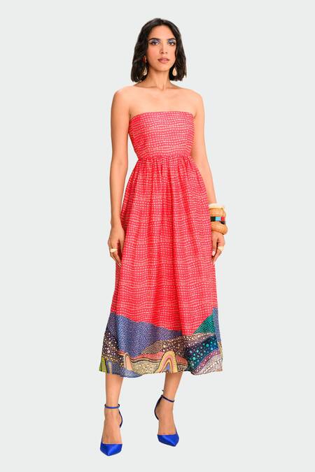 Juhi Bengani_Pink Organza Satin Printed Abstract Straight Tube Dress _Online_at_Aza_Fashions