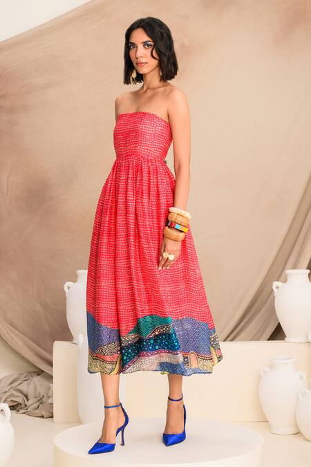 Buy_Juhi Bengani_Pink Organza Satin Printed Abstract Straight Tube Dress _Online_at_Aza_Fashions