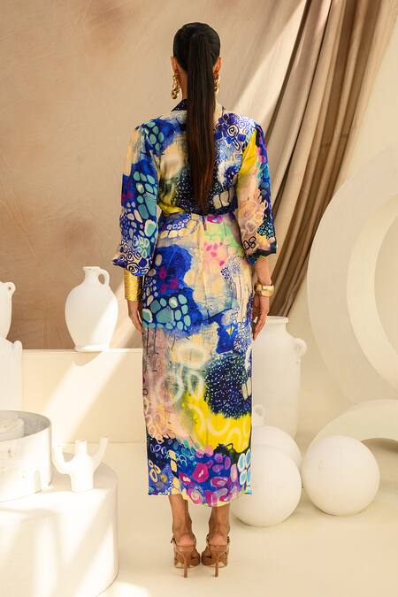 Shop Juhi Bengani Multi Color Silk Satin Printed Abstract Indigoink Shirt And Draped Skirt Set at Aza Fashions Shop_Juhi Bengani_Multi Color Silk Satin Printed Abstract Indigoink Shirt And Draped Skirt Set_at_Aza_Fashions