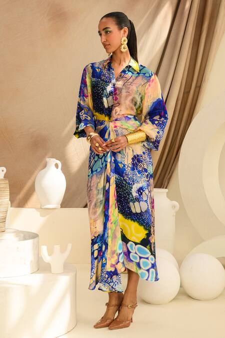 Juhi Bengani Multi Color Silk Satin Printed Abstract Indigoink Shirt And Draped Skirt Set Online at Aza Fashions Juhi Bengani_Multi Color Silk Satin Printed Abstract Indigoink Shirt And Draped Skirt Set_Online_at_Aza_Fashions