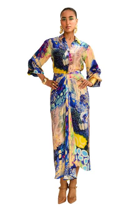 Buy Juhi Bengani Multi Color Silk Satin Printed Abstract Indigoink Shirt And Draped Skirt Set Online at Aza Fashions Buy_Juhi Bengani_Multi Color Silk Satin Printed Abstract Indigoink Shirt And Draped Skirt Set_Online_at_Aza_Fashions
