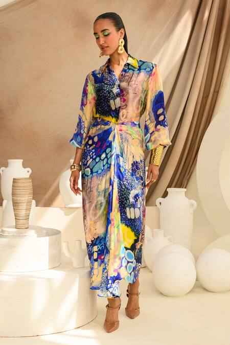 Shop Juhi Bengani Multi Color Silk Satin Printed Abstract Indigoink Shirt And Draped Skirt Set Online at Aza Fashions Shop_Juhi Bengani_Multi Color Silk Satin Printed Abstract Indigoink Shirt And Draped Skirt Set_Online_at_Aza_Fashions