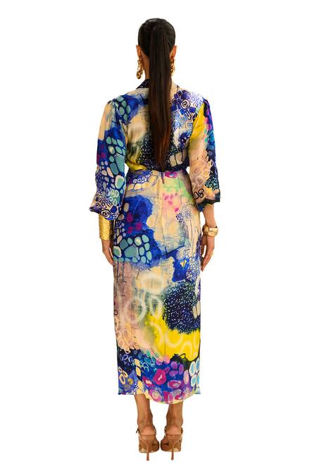 Buy Juhi Bengani Multi Color Silk Satin Printed Abstract Indigoink Shirt And Draped Skirt Set Buy_Juhi Bengani_Multi Color Silk Satin Printed Abstract Indigoink Shirt And Draped Skirt Set