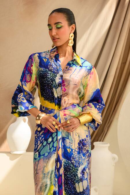 Shop Juhi Bengani Multi Color Silk Satin Printed Abstract Indigoink Shirt And Draped Skirt Set Shop_Juhi Bengani_Multi Color Silk Satin Printed Abstract Indigoink Shirt And Draped Skirt Set