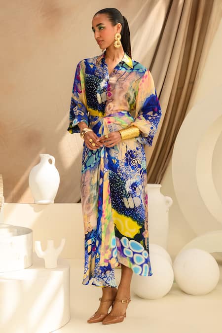Juhi Bengani_Multi Color Silk Satin Printed Abstract Indigoink Skirt_Online_at_Aza_Fashions