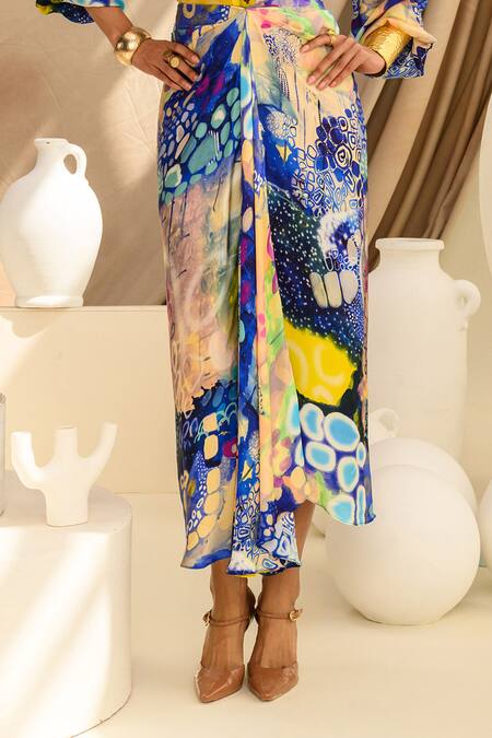 Buy_Juhi Bengani_Multi Color Silk Satin Printed Abstract Indigoink Skirt_Online_at_Aza_Fashions