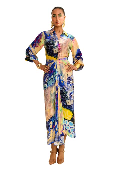 Shop_Juhi Bengani_Multi Color Silk Satin Printed Abstract Indigoink Skirt_Online_at_Aza_Fashions