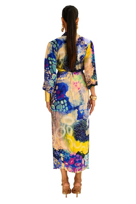 Juhi Bengani_Multi Color Silk Satin Printed Abstract Indigoink Skirt_at_Aza_Fashions