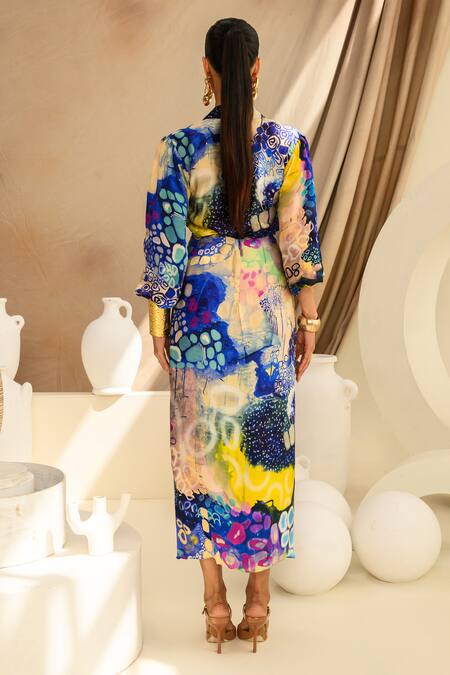 Shop Juhi Bengani Multi Color Silk Satin Printed Abstract Collar Indigoink Shirt at Aza Fashions Shop_Juhi Bengani_Multi Color Silk Satin Printed Abstract Collar Indigoink Shirt_at_Aza_Fashions