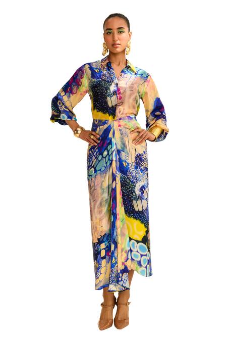 Buy Juhi Bengani Multi Color Silk Satin Printed Abstract Collar Indigoink Shirt Online at Aza Fashions Buy_Juhi Bengani_Multi Color Silk Satin Printed Abstract Collar Indigoink Shirt_Online_at_Aza_Fashions