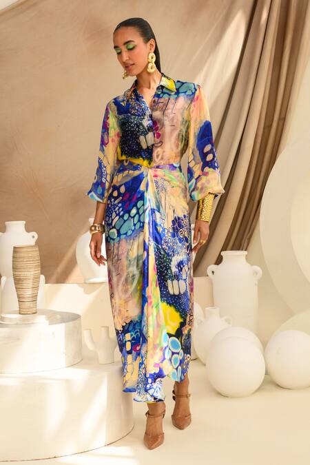Shop Juhi Bengani Multi Color Silk Satin Printed Abstract Collar Indigoink Shirt Online at Aza Fashions Shop_Juhi Bengani_Multi Color Silk Satin Printed Abstract Collar Indigoink Shirt_Online_at_Aza_Fashions