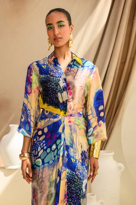 Juhi Bengani Multi Color Silk Satin Printed Abstract Collar Indigoink Shirt at Aza Fashions Juhi Bengani_Multi Color Silk Satin Printed Abstract Collar Indigoink Shirt_at_Aza_Fashions