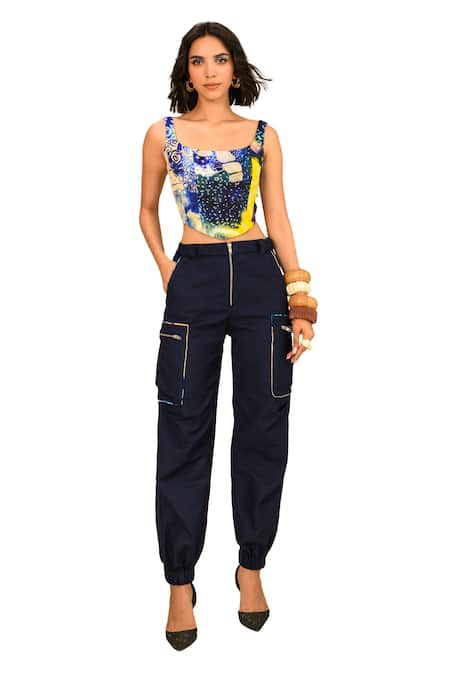Juhi Bengani_Blue Denim Plain Institched Cargo Pant_Online_at_Aza_Fashions