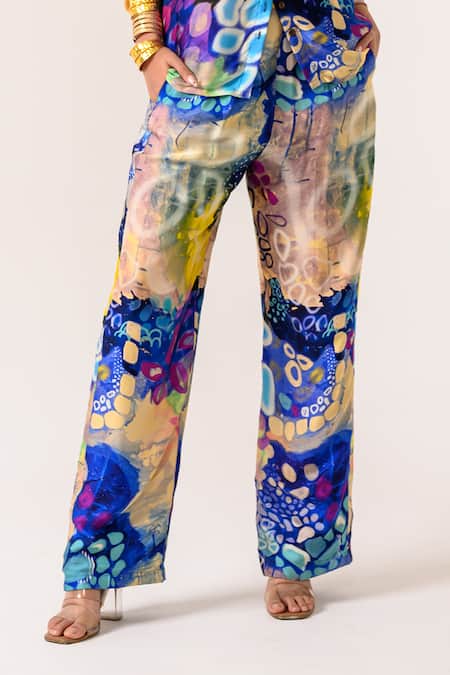 Juhi Bengani_Multi Color Silk Satin Printed Galaxy Collar Indigoink Shirt And Pant Set_Online_at_Aza_Fashions