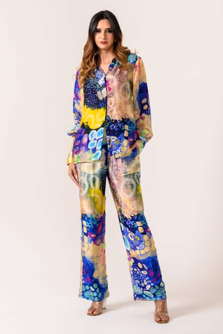 Buy_Juhi Bengani_Multi Color Silk Satin Printed Galaxy Collar Indigoink Shirt And Pant Set_Online_at_Aza_Fashions