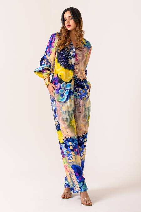 Shop_Juhi Bengani_Multi Color Silk Satin Printed Galaxy Collar Indigoink Shirt And Pant Set_Online_at_Aza_Fashions
