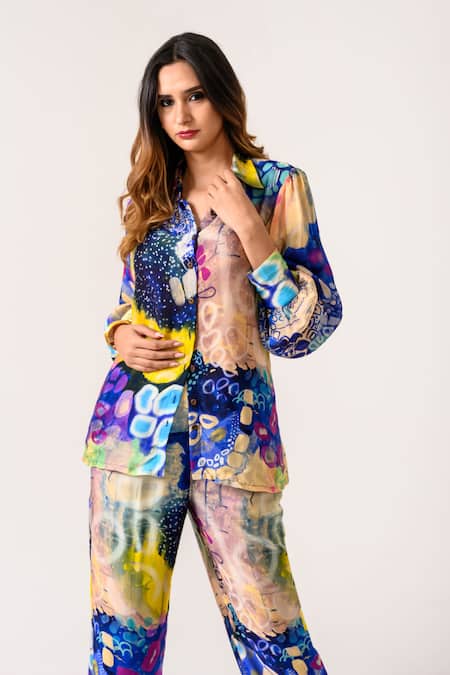 Juhi Bengani_Multi Color Silk Satin Printed Galaxy Collar Indigoink Shirt And Pant Set_at_Aza_Fashions