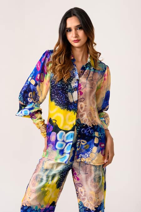 Buy_Juhi Bengani_Multi Color Silk Satin Printed Galaxy Collar Indigoink Shirt And Pant Set