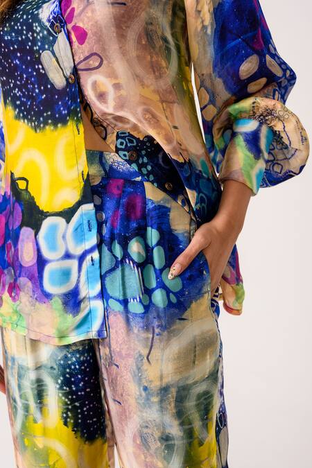 Shop_Juhi Bengani_Multi Color Silk Satin Printed Galaxy Collar Indigoink Shirt And Pant Set