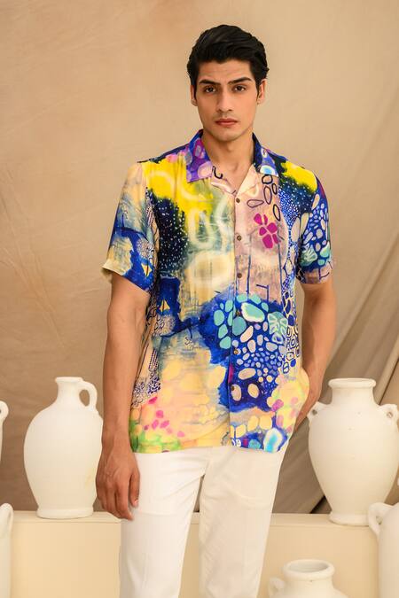 Buy_Juhi Bengani_Multi Color Silk Satin Indigoink Galaxy Print Shirt_Online_at_Aza_Fashions