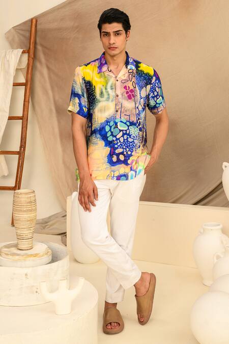 Shop_Juhi Bengani_Multi Color Silk Satin Indigoink Galaxy Print Shirt_Online_at_Aza_Fashions