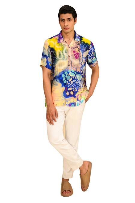 Juhi Bengani_Multi Color Silk Satin Indigoink Galaxy Print Shirt_at_Aza_Fashions