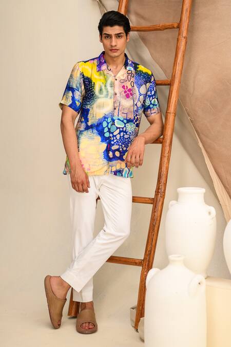 Shop_Juhi Bengani_Multi Color Silk Satin Indigoink Galaxy Print Shirt