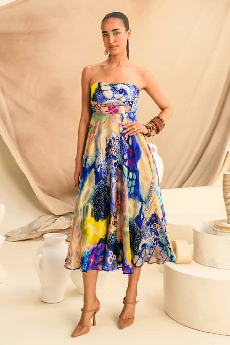 JUHI BENGANI Indigoink Galaxy Print Corset Tube Dress 