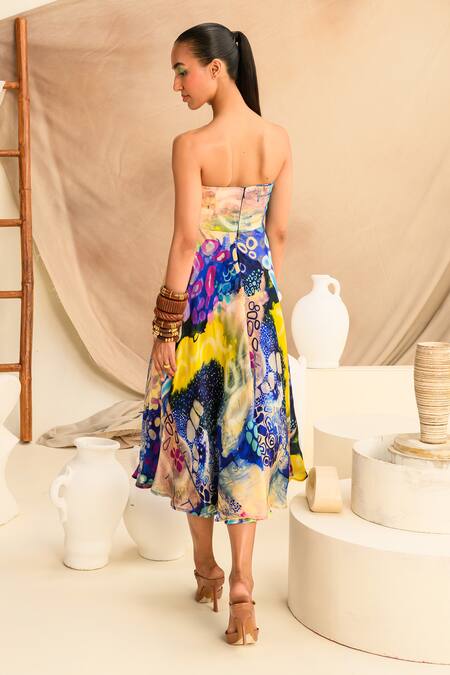 Shop Juhi Bengani Multi Color Organza Satin Printed Galaxy Straight Indigoink Corset Tube Dress at Aza Fashions Shop_Juhi Bengani_Multi Color Organza Satin Printed Galaxy Straight Indigoink Corset Tube Dress_at_Aza_Fashions