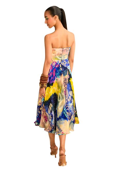Juhi Bengani Multi Color Organza Satin Printed Galaxy Straight Indigoink Corset Tube Dress Online at Aza Fashions Juhi Bengani_Multi Color Organza Satin Printed Galaxy Straight Indigoink Corset Tube Dress_Online_at_Aza_Fashions