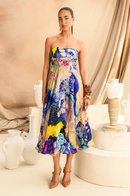 Buy Juhi Bengani Multi Color Organza Satin Printed Galaxy Straight Indigoink Corset Tube Dress Online at Aza Fashions Buy_Juhi Bengani_Multi Color Organza Satin Printed Galaxy Straight Indigoink Corset Tube Dress_Online_at_Aza_Fashions