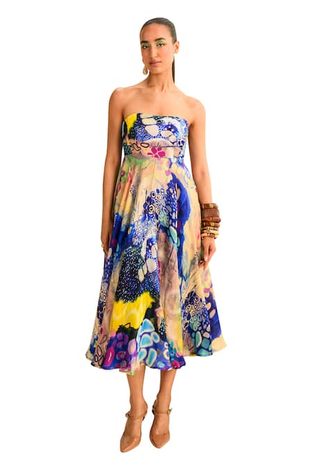 Shop Juhi Bengani Multi Color Organza Satin Printed Galaxy Straight Indigoink Corset Tube Dress Online at Aza Fashions Shop_Juhi Bengani_Multi Color Organza Satin Printed Galaxy Straight Indigoink Corset Tube Dress_Online_at_Aza_Fashions