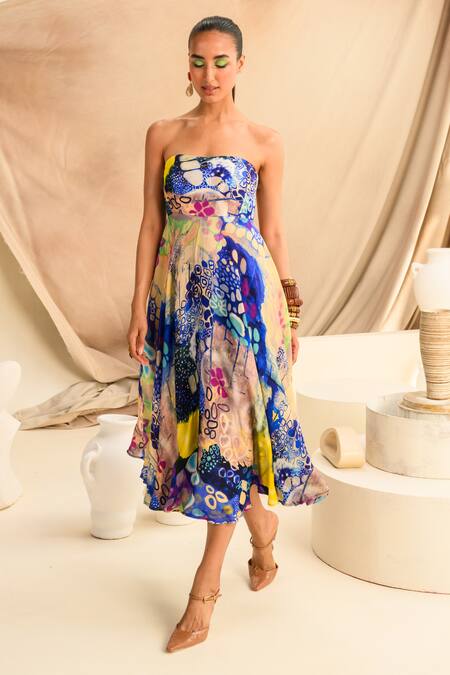 Juhi Bengani Multi Color Organza Satin Printed Galaxy Straight Indigoink Corset Tube Dress at Aza Fashions Juhi Bengani_Multi Color Organza Satin Printed Galaxy Straight Indigoink Corset Tube Dress_at_Aza_Fashions