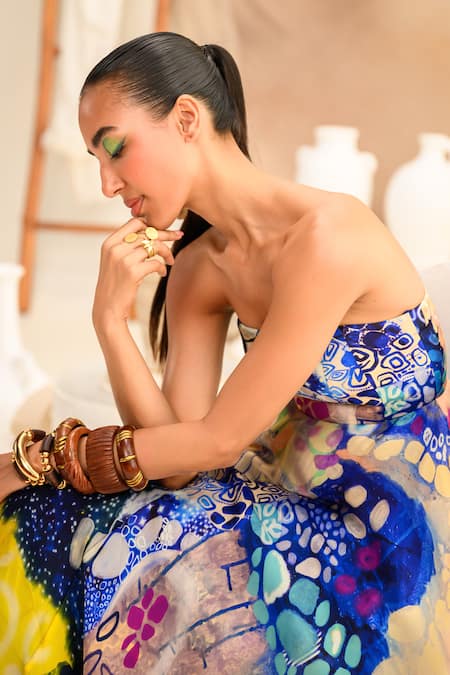 Shop Juhi Bengani Multi Color Organza Satin Printed Galaxy Straight Indigoink Corset Tube Dress Shop_Juhi Bengani_Multi Color Organza Satin Printed Galaxy Straight Indigoink Corset Tube Dress
